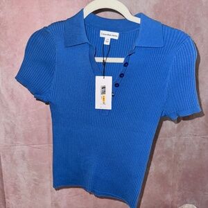 NWT -Calvin Klein Women's Ribbed Quarter-Button Polo Shirt in Blue (Small)